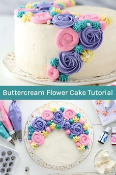 a cake decorated with flowers and icing on top of a white table next to other decorations