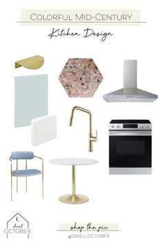 the color scheme for this modern kitchen is white, gold and blue with an assortment of accessories