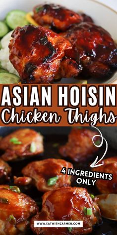 These sticky Asian hoisin chicken thighs are unbelievably juicy and flavorful with just 4 simple ingredients. Whether baked, grilled, or air-fried, this recipe is quick, easy, and perfect for a no-fuss dinner. Save this crowd-pleasing chicken recipe for a deliciously sticky treat! Hoisin Chicken Thighs, Asian Chicken Thighs, Shake N Bake Chicken, Chicken Thights Recipes, Hoisin Chicken, Chicken And Rice Dishes, Delicious Chicken Dinners, Recipe Cover, Easy Asian Recipes