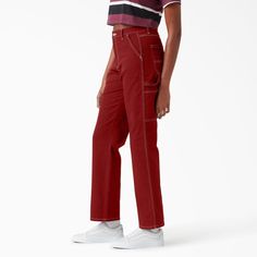 For the ladies who like to work hard and play even harder, we've got you covered. Dickies Women's High Waisted Carpenter Pants deliver all the utility of a traditional carpenter pant paired with perfectly feminine styling. Sturdy with a bit of stretch, nothing is going to stop you from showing up for every adventure. Red Utility Pants With Side Pockets, Red Utility Bottoms With Pockets, Red Cotton Utility Pants, Red Straight Leg Jeans For Work, Red Relaxed Fit Pants For Workwear, Red Wide Leg Jeans For Work, Dickies Women, Carpenter Pants, Hem Style