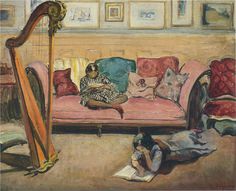 a painting of a woman sitting on a couch with a harp in front of her