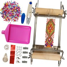 beading supplies and tools are displayed on a white background, including a loom