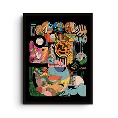 a black framed art print with colorful abstract images on it's sides and the words, i love you