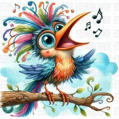 a colorful bird sitting on top of a tree branch with music notes in the background