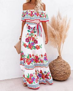 Damen Elegant und luxuriös Boho Kleid Für Polyester Kleid 2023 - € 27.99 Vintage Long Dress, Boho Mode, Mode Boho, Ruffles Fashion, Printed Long Dresses, Maxi Robes, Maxi Dresses Casual, Maxi Dress Party, Boho Stil