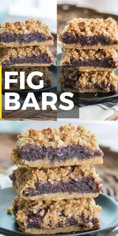 four different pictures of food bars stacked on top of each other with the words fig bars above them