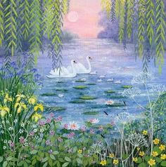 a painting of swans swimming in the water