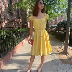 Emma Stone Inspired Yellow Swing Dress/ Movie Dress/ Mia | Etsy Retro Square Neck Midi Summer Dress, Retro Square Neck Midi Dress For Summer, Vintage Dress For Retro-themed Spring Events, Spring Vintage Dress For Retro-themed Events, Retro Dresses For Spring Retro-themed Events, Spring Retro Dresses For Retro-themed Events, Fit And Flare Vintage Dress For Summer, Fit And Flare Vintage Summer Dress Knee-length, Summer Fit And Flare Knee-length Vintage Dress