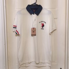 Us Polo Association White Polo Listed Size Is A Large But Fits More Like A Small - Medium White Fitted Casual Polo Shirt, Casual White Cotton Polo Shirt, Casual White Polo Collar Top, Us Polo, White Polo, Blue White, Color Blue, Blue And White, Mens Shirts