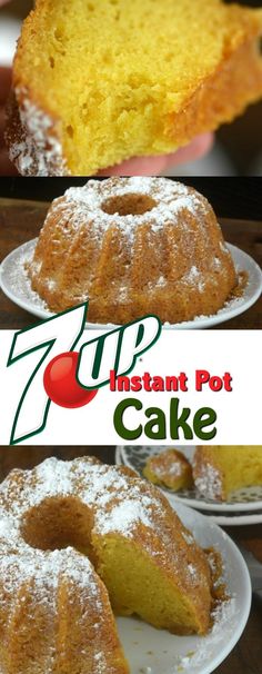 two pictures show different types of bundt cakes on plates with the words 7up instant pot cake