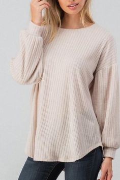 Bishop Sleeve Rib Knit Top Solid Color Balloon Sleeve Winter Sweater, Balloon Sleeve Winter Sweater, Winter Balloon Sleeve Sweater, Winter White Long Sleeve Knit Top, Trendy Long Sleeve Top For Layering With Ribbed Detail, Trendy Ribbed Long Sleeve Top For Layering, Cream Long Sleeve Top For Fall, Cozy Knit Top With Balloon Sleeves, Cozy Knit Tops With Balloon Sleeves