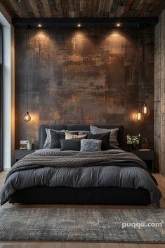 a large bed in a room with wooden walls and lights on the ceiling above it