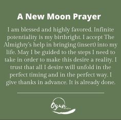 a poem written in green and white with the words,'a new moon prayer i am