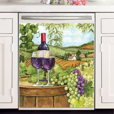 a painting of two glasses of wine sitting on top of a barrel next to grapes