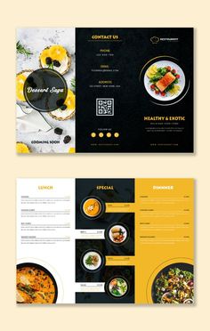 Restaurant Brochure Design Layout, Restaurant Trifold Brochure, Food Menu Brochure Design, Folding Menu Design, Tri Brochure Design, Tri Fold Menu Design, Food Pamphlet Design, Food Brochure Design Creative