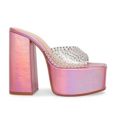 New $139 Steve Madden Ruby Pink Iridescent Platform Sandal These Beauties Are About As Glam As It Gets. Ruby Is A Stunning Platform Sandal With A Soaring Block Heel And Rhinestone Embellishments. Lucite Upper Material With Stones Unlined Synthetic Sock Synthetic Sole 5.75 Inch Heel Height 2 Inch Platform New! Unworn! New Without Tags Some Dents/Scuffs To Note. Refer To Photos + Reach Out If You Have Any Q's! Size: 8.5 Always Open To Offers Bundle To Save Follow Along Basicposhbabe On Ig Pink Chunky Heels, Pink Platform Heels, Steve Madden Platform, Yas Queen, Pink Platforms, Glam Chic, Women Platform Shoes, Girl Closet, Pink Men