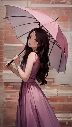 a woman in a purple dress holding an umbrella