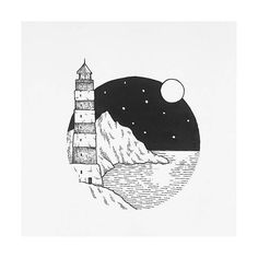 a black and white drawing of a lighthouse on top of a mountain with stars in the sky