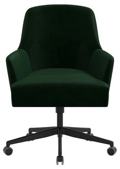 a green office chair with casteors and wheels on an isolated white background, viewed from the front