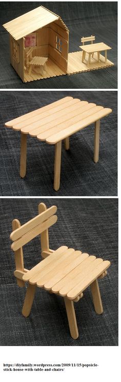 three different views of a table and bench made out of plywood planks, with the top cut off