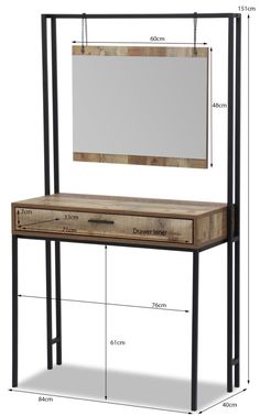 an image of a dressing table with mirror and stools in measurements for the height