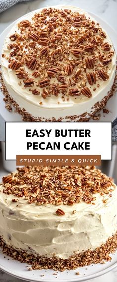 a cake with white frosting and pecans on top is shown in two different photos