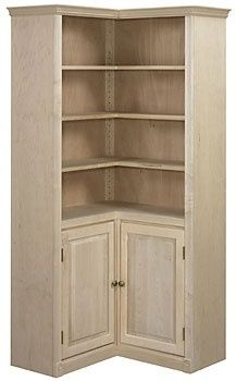 a corner cabinet with two doors and shelves