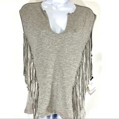 Liberty Garden Gray Side Suede String Sleeveless Top Women's Size Medium Condition: New Without Tags Sleeveless Side Suede String Scoop Neck Summer V-neck Tops With Fringe Details, Summer V-neck Top With Fringe, Summer V-neck Tops With Fringe, Casual V-neck Top With Fringe, Bohemian Fringe Sleeveless Tank Top, Summer Fringe Sleeveless Tank Top, Summer Sleeveless Fringe Tank Top, Sleeveless Fringe Tank Top For Summer, Bohemian Fringe Tank Top For Spring