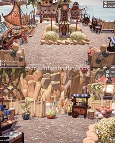 an animated image of a small town by the ocean with lots of furniture and decorations