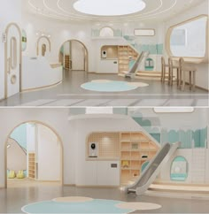 two pictures of a playroom with slides and toys in it, one is empty