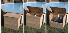 three pictures show the inside of a pool with an above ground plunger and storage box