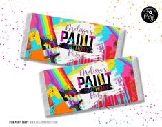 two candy bar wrappers with colorful paint splattered on them and the words happy birthday