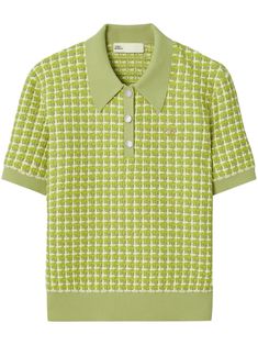 mint green patterned jacquard embroidered logo at the chest polo collar short front button fastening short sleeves ribbed trim Green Collared Polo Shirt With Button Closure, Green Cotton Short Sleeve Polo Sweater, Casual Green Short Sleeve Polo Sweater, Classic Jacquard Knit Polo Collar Top, Casual Green Jacquard Knit Tops, Fitted Textured Knit Top With Collared Neckline, Classic Green Polo Collar Sweater, Retro Green Short Sleeve Polo Shirt, Retro Jacquard Knit Tops For Spring