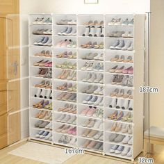 the shoe rack is full of many pairs of women's shoes, and measurements for each pair