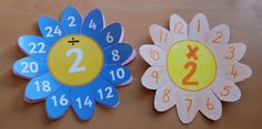 two flower shaped clocks with numbers on them sitting next to each other in front of a wooden table