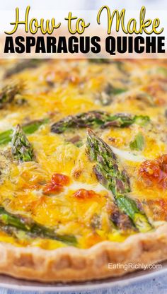 an asparagus quiche is shown with the title in the middle and bottom right corner