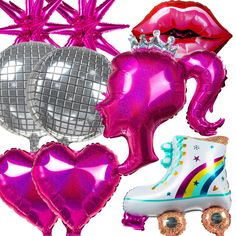 various party items including heart shaped balloons, disco balls and roller skates