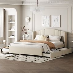 a bedroom with white walls and wooden floors