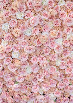 a large group of pink and white roses in the shape of a wall ornament