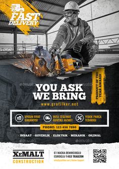 a flyer for a construction company with a man working on a piece of equipment in the background