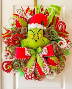 Grinchmas Christmas Wreath for your front door! Green Monster Wreath designed on a evergreen base.  Hand made with love just for you! Monster Decor, Grinch Decor, Monster Wreath, Double Door Wreaths, Dr. Seuss, Candy Wreath, Grinch Christmas Decorations