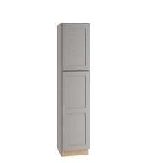 a tall gray cabinet with two doors