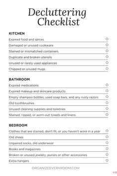 Tackle clutter like a pro with this comprehensive room-by-room decluttering checklist! This pin provides detailed lists of items to purge, organize, and donate in every space of your home. From the bedroom and bathroom to the kitchen and living areas, this checklist will guide you through the decluttering process with ease and efficiency. #declutter #checklist #organization #homeorganization #declutteringtips #roombyroom #cleaning #tidyhome How To Declutter Your Home Room By Room List, Questions To Ask When Decluttering, Home Organization Checklist, Minimalist Checklist Home, Home Declutter Checklist, How To Organize A Small Closet, How To Declutter Your Home, Household Items List, Declutter Before Moving