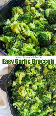 broccoli florets in a cast iron skillet before and after being cooked