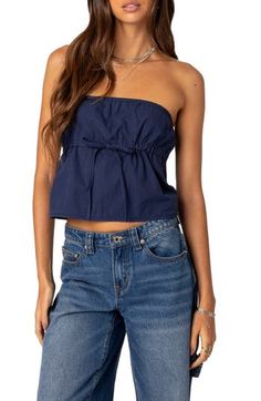 A drawstring cinches the waist of this strapless cotton top that's perfect for a warm-weather look. Strapless 100% cotton Machine wash, dry flat Imported Blue Tube Top, Fall School, Wardrobe Edit, Next Clothes, Strapless Tops, School Fits, Fit Inspo, Cute Tops, Cotton Tops