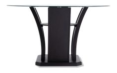 a glass table with a black base and metal legs on the bottom, against a white background