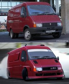 two different views of a red van driving down the street