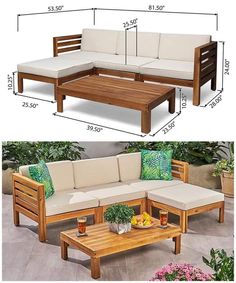 an outdoor couch and table are shown with measurements for each piece in the image below