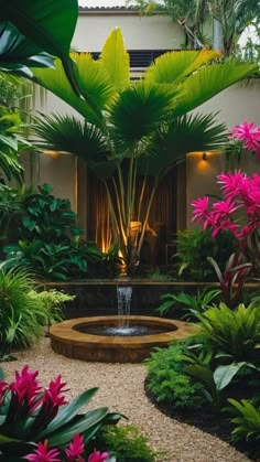 a garden with lots of plants and flowers around the water fountain in front of it