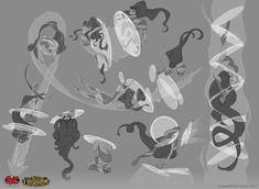 an image of some cartoon characters in different poses and shapes on a gray background with white lines